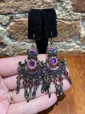 Purple and Pink Rhinestone Silver Tone Dangle Chandelier Earrings